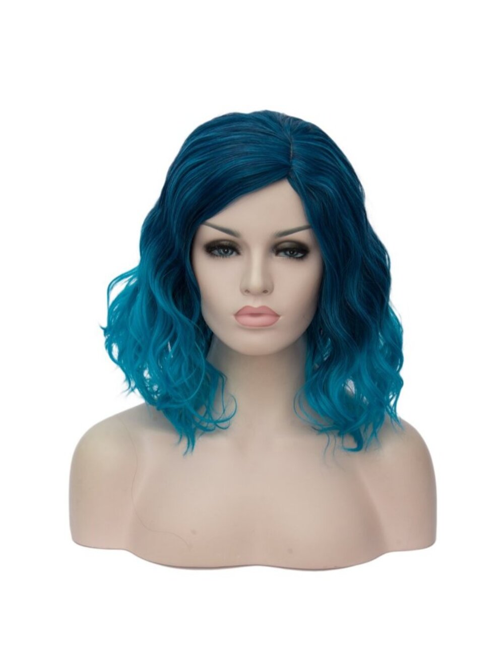 Women's Ombre Blue Wavy Curly Bob Heat Resistant Cosplay Halloween Party Wig